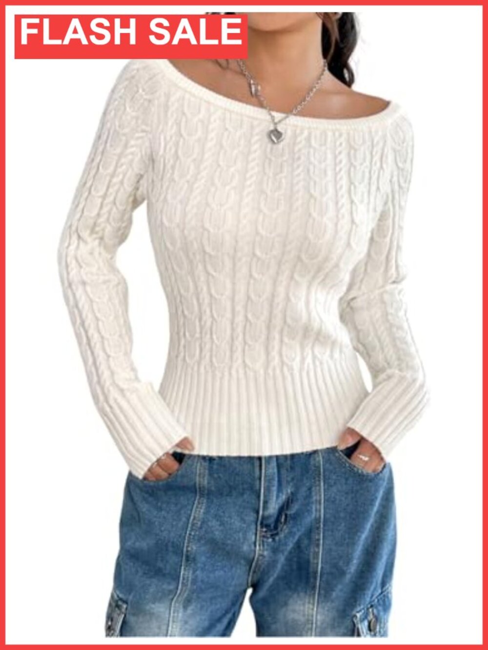 Cable Knit Sweater Boat Neck Off Shoulder Long Sleeve Pullover
